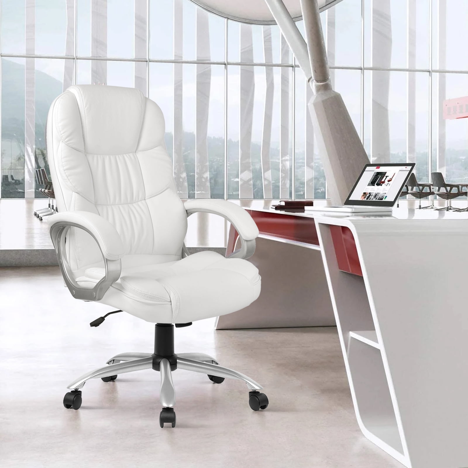 NiamVelo Office Chair Home Desk Chair Ergonomic Swivel Executive Adjustable Task Computer High Back PU Leather Chair with Back Support for Office and Home, White