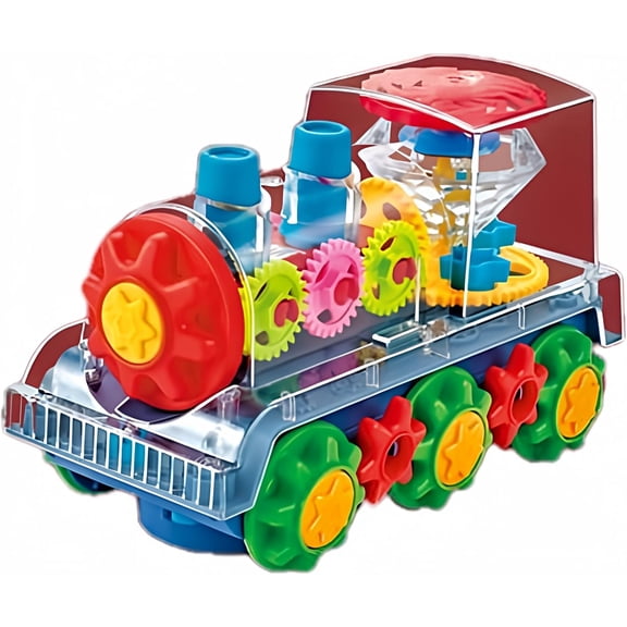Transparent Gear Train Toy, Flashing Lights and Music, 360 Spin, Battery Bump and Go, Ages 3
