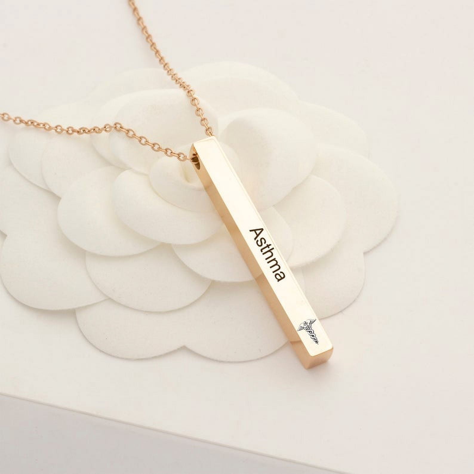 Personalized Stainless Steel Identification Rose Gold Medical Alert ID Necklace Engravable 4-Sided Bar Critical Information Jewelry Free Gift Box Ship Next Day