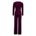 thumbnail image 2 of Velvet Jumpsuits for Women Elegant V Neck Playsuits Long Sleeve High Waist Romper Velour Belted Dungarees Petite Overalls Wedding Party Clubbing Jumpsuit, 2 of 4