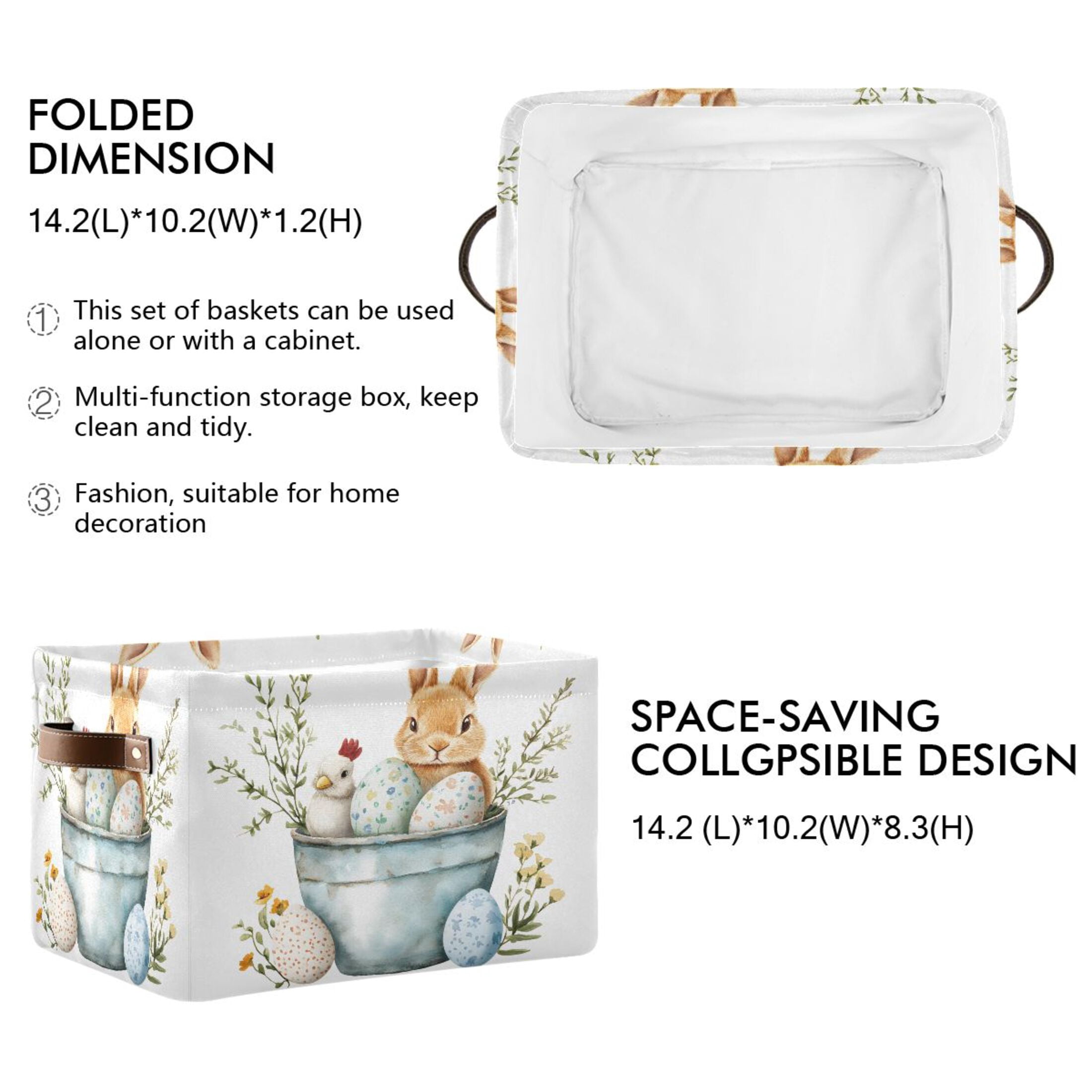 Ryvnso Easter Rabbit Egg Storage Basket Large Bin Foldable Boxes Toys Organizer 14.2x10.2x8.3in 2 PCs