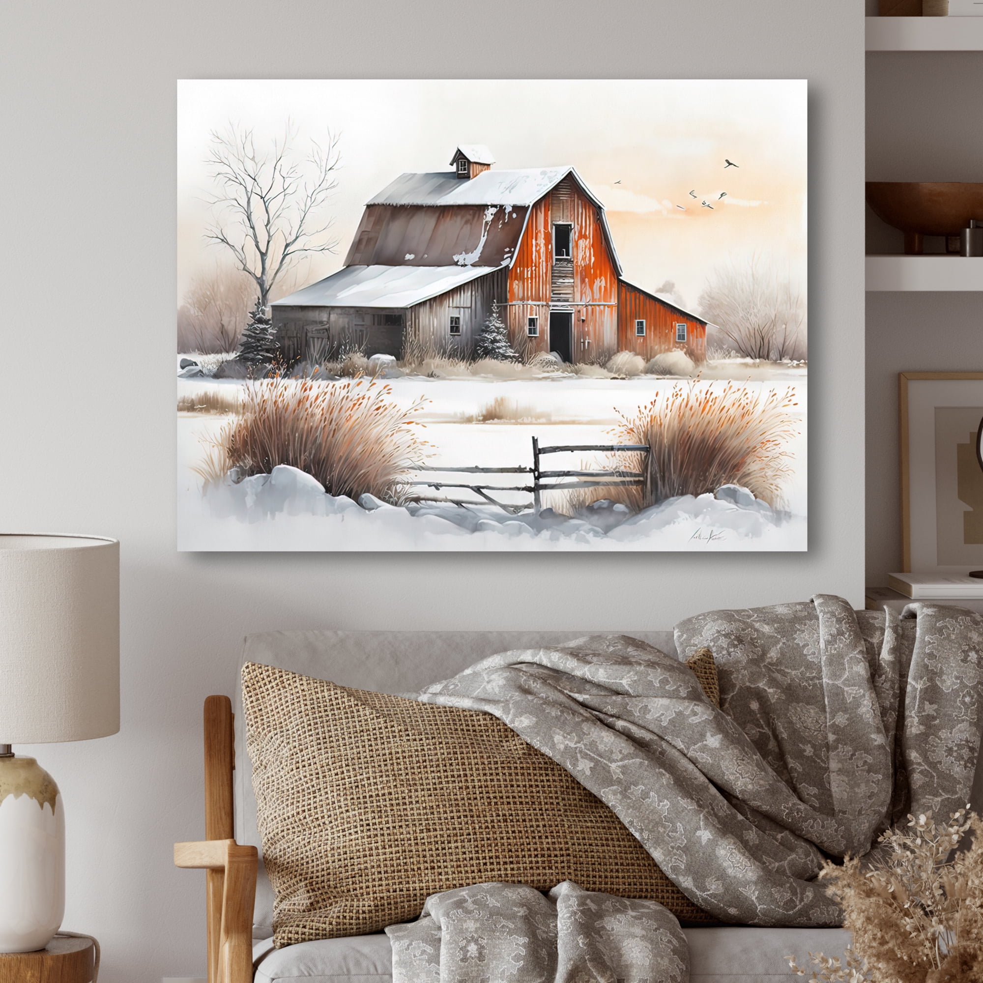 Designart Red Barn Scenery In Winter II Canvas Wall Art