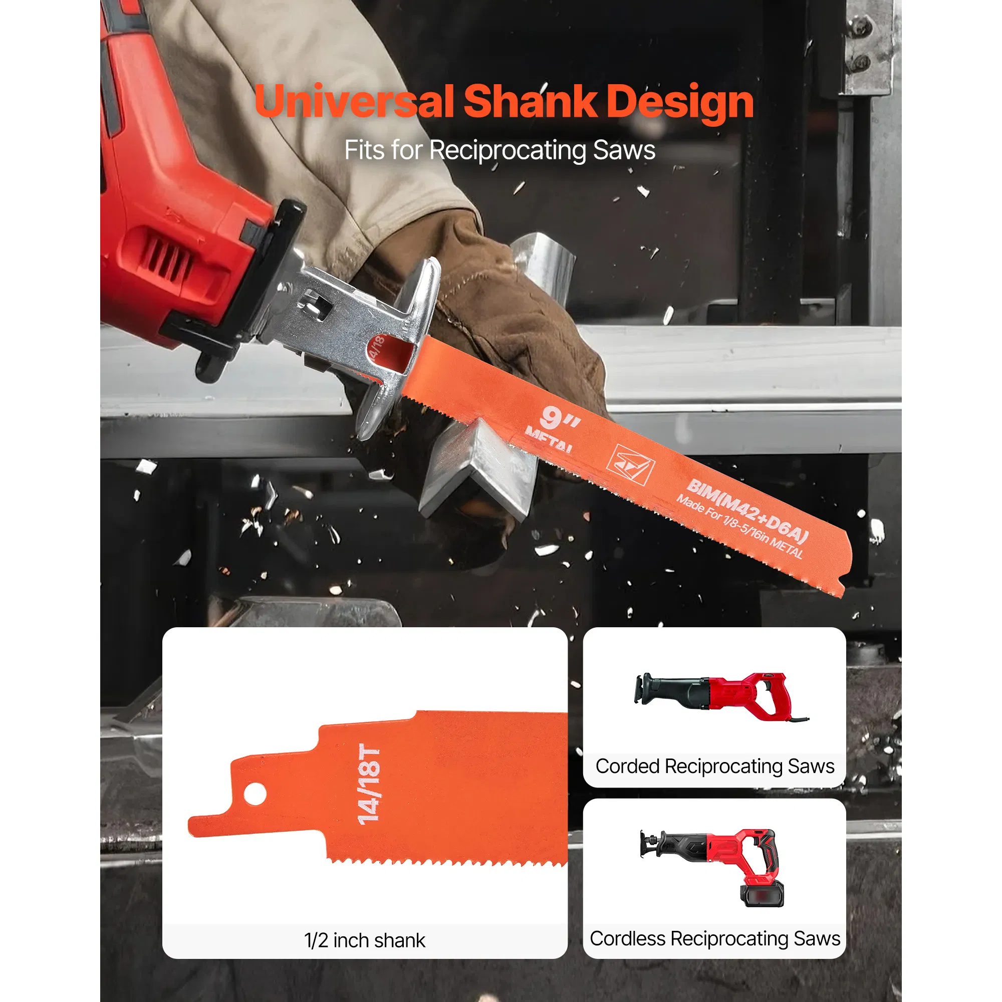 25-Pack Bi-Metal Reciprocating Saw Blades with Universal Shank,14/18 TPI Sharp Teeth for Fast,Smooth Cuts on Medium Metals 1/8-5/16 inch,Orange