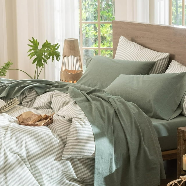 Bedding Sheet Set Washed Cotton Linen Like Textu Breathable Durable Soft Comfy (Dark Orange Queen)