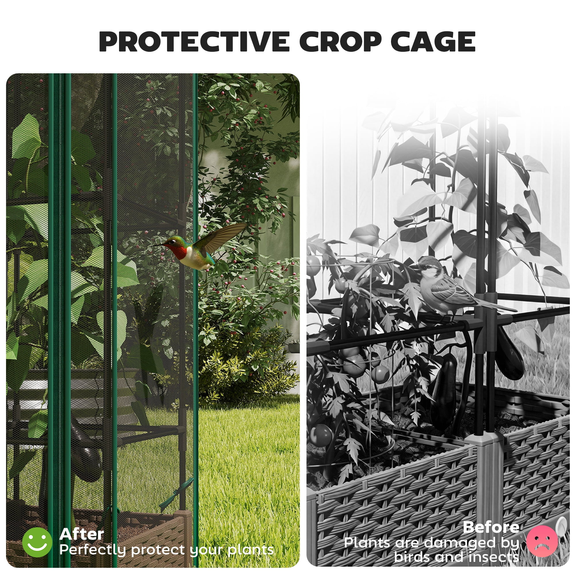 Outsunny Raised Garden Bed with Trellis, 46.5" Tomato Cage with Crop Cage, Self Watering Planter Box with Drainage Holes and Plugs, Green
