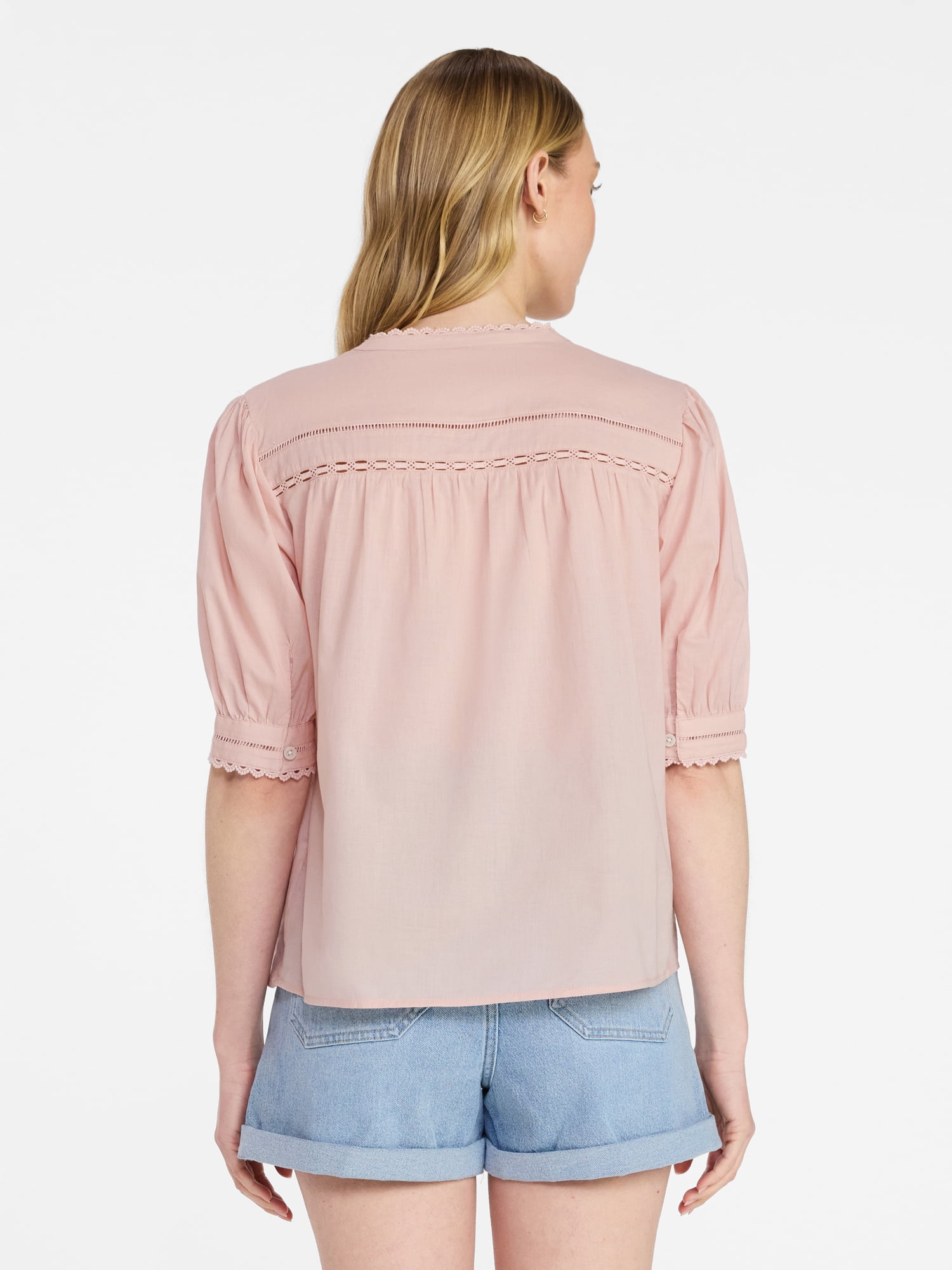 Time and Tru Women's and Women's Plus Cotton Lace Inset Blouse with Elbow Length Sleeves, Sizes XS-4X
