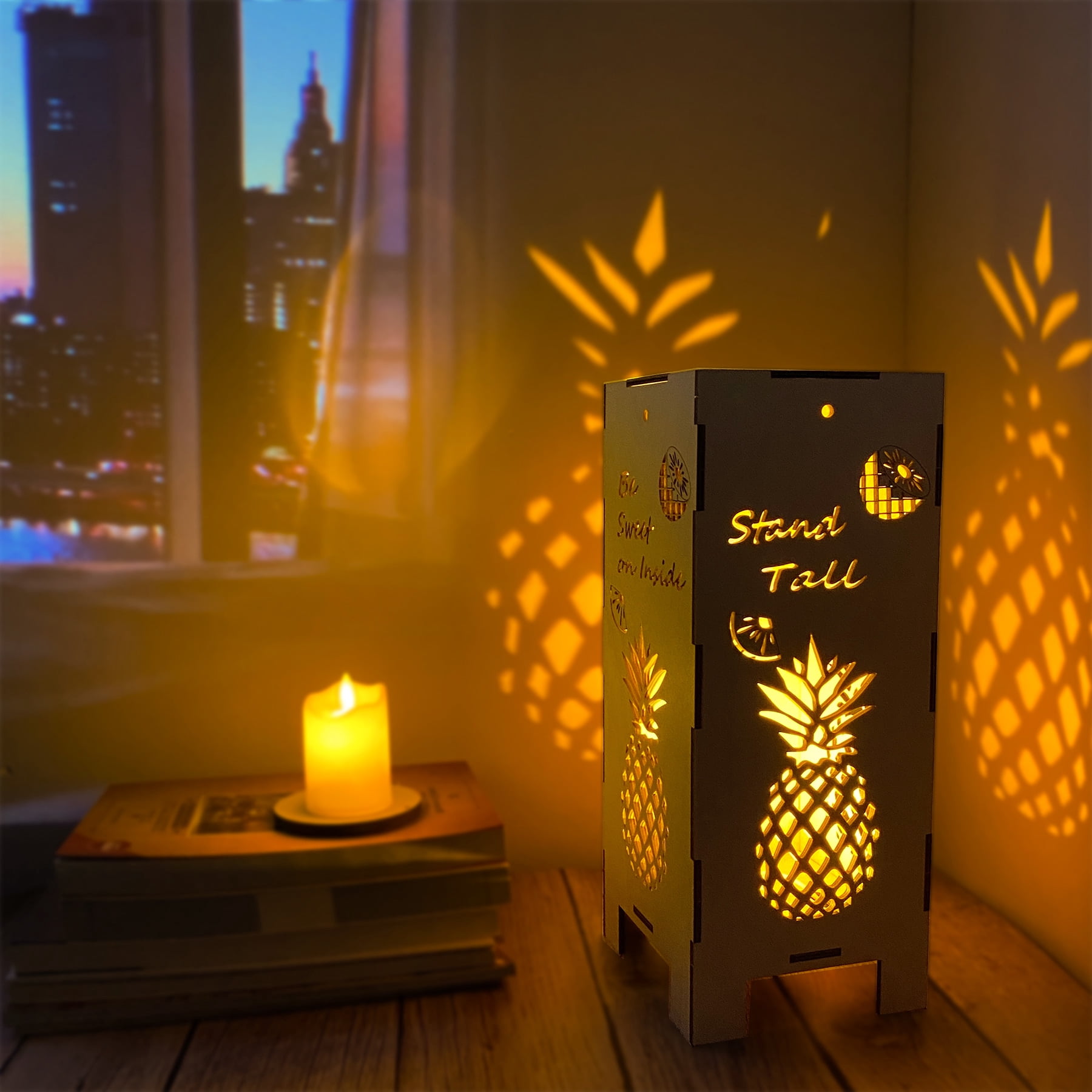 Jamjam Wood Pineapple Lamp-Pineapple Night Light Projection For Living Room, Vintage Pineapple Lantern Bedside, Pineapple Mood Lighting Projection For Home Decor, Side Light Fixture Lamp