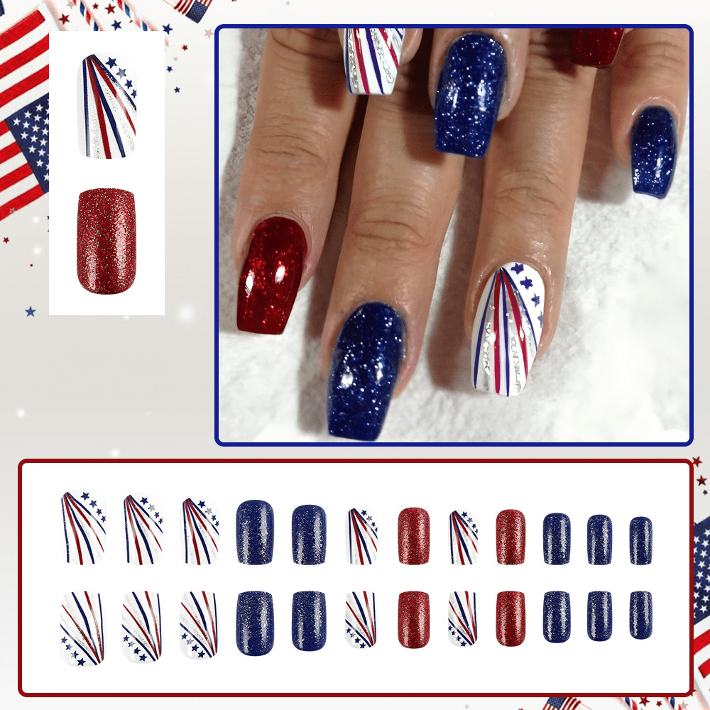 24Pcs 4th of July Press on Nails - Red White Blue Glitter Patriotic Fake Nails Full Cover False Nails with Stars (Independence Day)