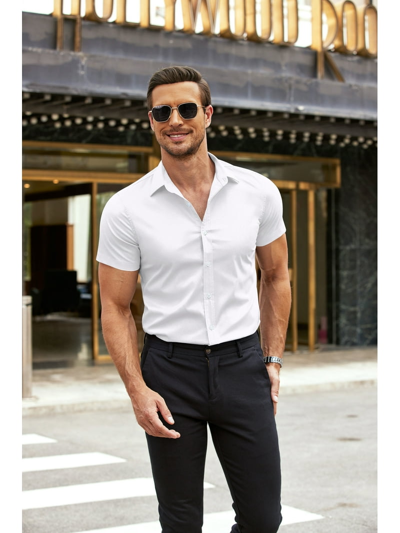 Coshow Men's Muscle Fit Dress Shirts Wrinkle-Free Short Sleeve Casual  Button Down Shirt - Walmart.com