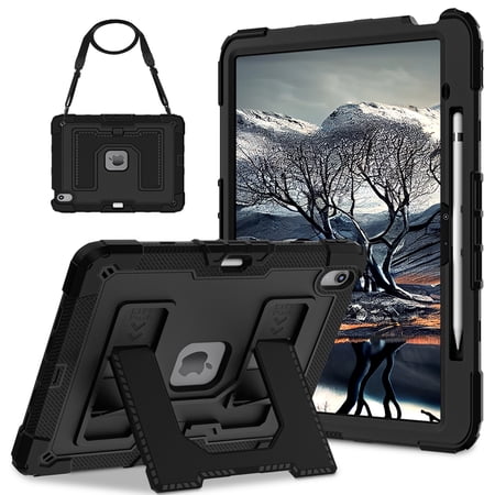 Dteck Case for iPad Air 13 Inch M4/M3/M2 (2026/2025/2024) with Pencil Holder, Heavy Duty Shockproof Rugged Cover with Shoulder Strap,Black