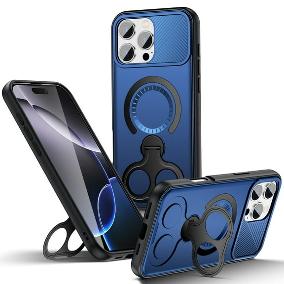 for iPhone 16 Pro Case, 360 Rotating Ring Holder Magnetic Kickstand Shockproof Anti-Scratch Anti-Fingerprint Protective Anti-Slip Back Cover PC TPU Wireless Charging Compatible, Blue
