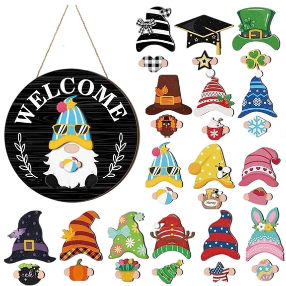 SONGJIA Interchangeable Wooden Gnome Decor Holiday Seasonal Gnome Decorations with Magnet Pieces and Detachable Hats Changeable Welcome Sign for Home