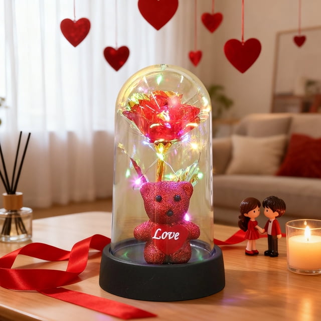 Adornos para San Valentín, regalos para San Valentín, flores preservadas y osito de peluche con forma de corazón y rosa, luz nocturna decorativa de plástico.