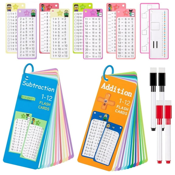 30Pcs Addition and Subtraction Flash Cards, Math Flash Card with 4 Dry Erase Pens 2 Rings, Time Table Flash Cards for 1st to 3rd Grades Fun Learning with Math Game