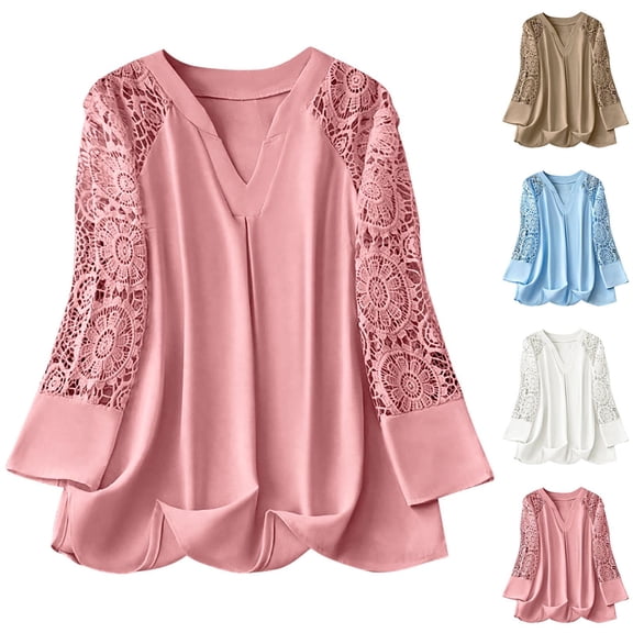 Plus Size Comfortable Ladies Blouses Casual Solid Large Hollow Out Lace Splice Long Sleeve V-neck Blouses Trendy Tunic Top Pink XL