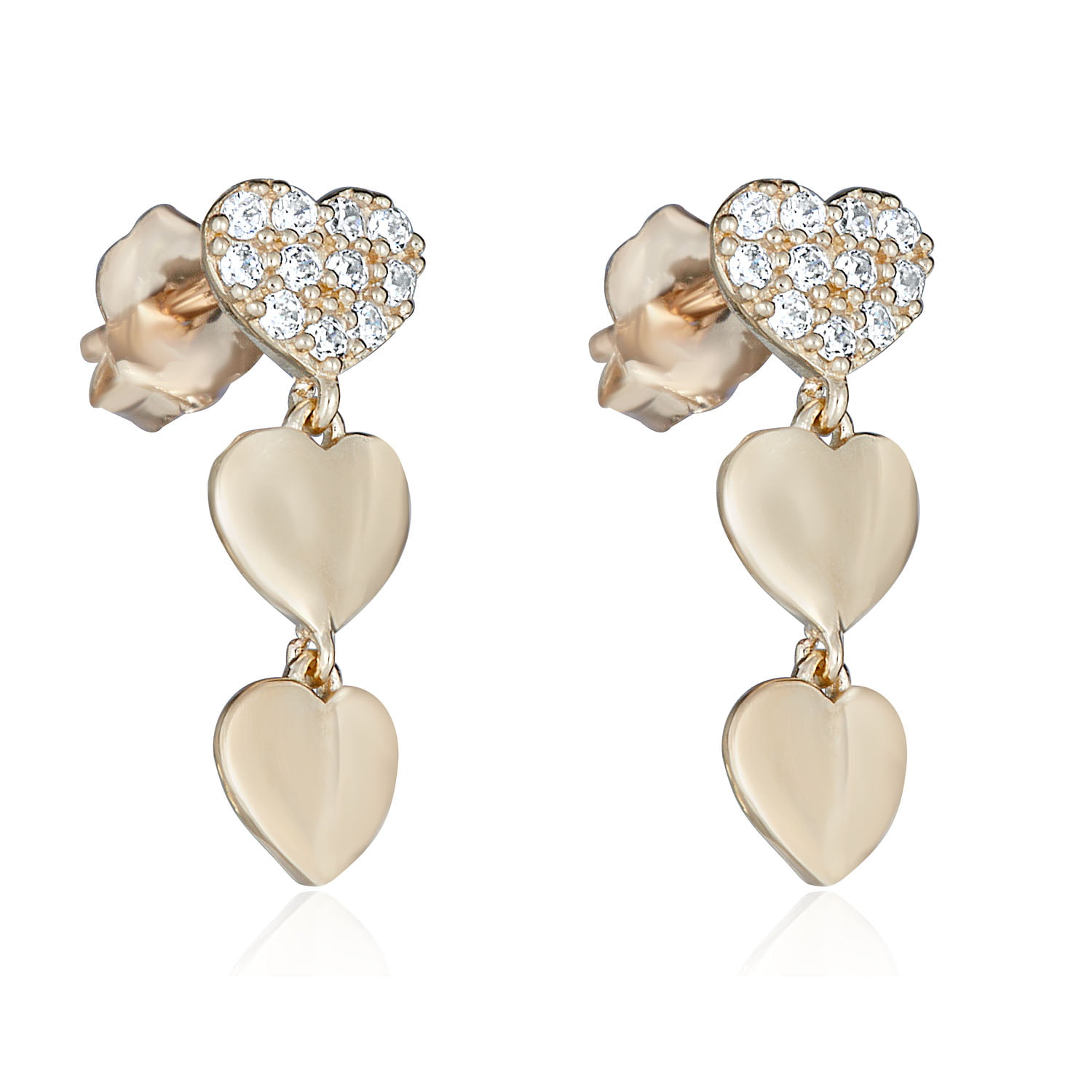 Details about   10K Yellow Gold  Puffed Triple Heart with Cubic Zirconia CZ Dangle Drop Earrings