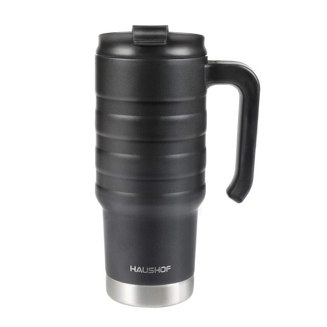 HAUSHOF Taza de viaje de 24 oz, vaso de acero inoxidable con aislamiento al vacío de doble pared con asa y tapa abatible a prueba de derrames y boca ancha, sin BPA