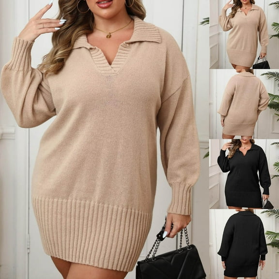 qolati Plus Size Sweater Dress for Women Casual V Neck Knit Mini Fall Sweater Dresses Long Sleeve Solid Ribbed Pullover Jumper Sweaters Black L