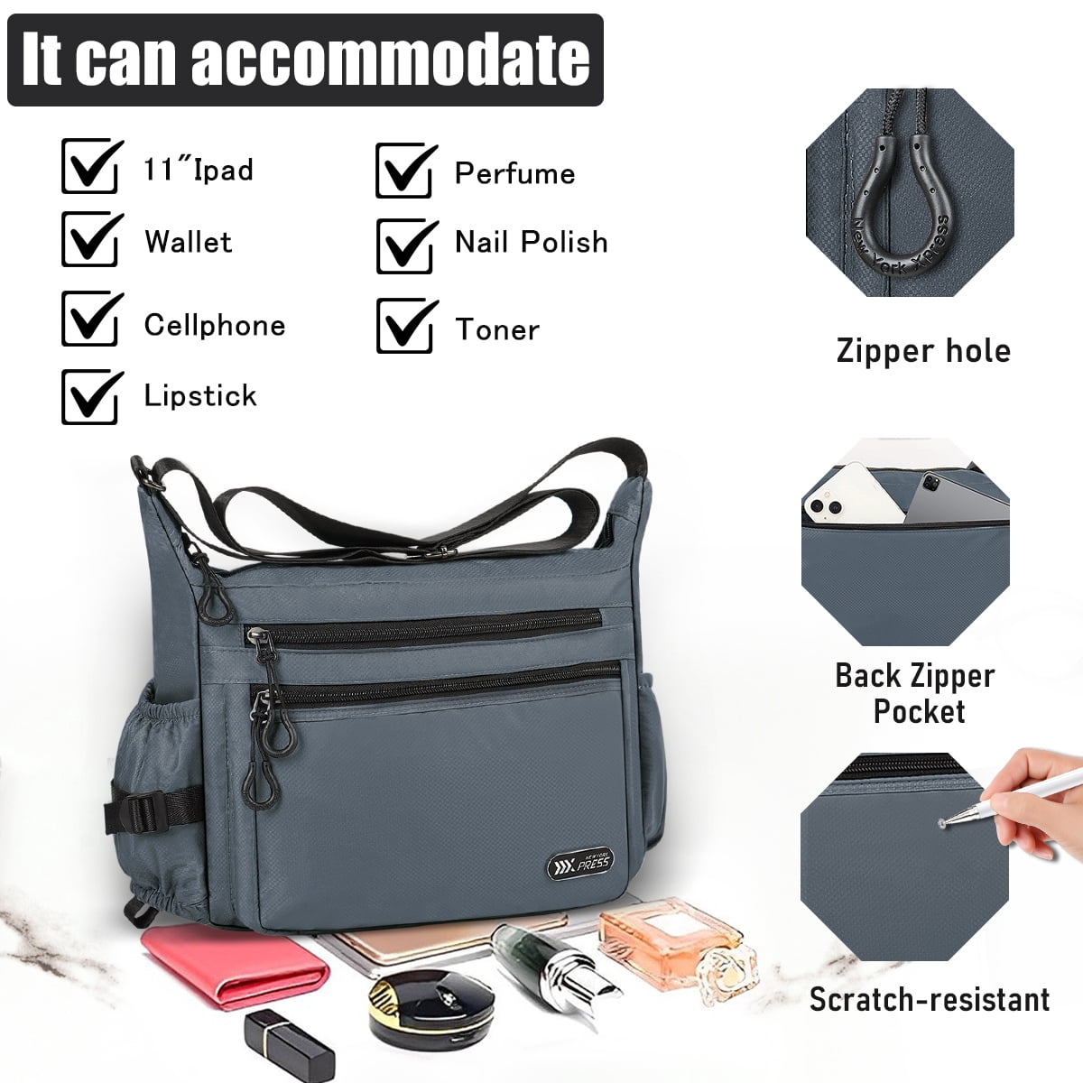 Crossbody Bag for Women Men Multi-Pocket Shoulder Purse Waterproof Lightweight Casual Travel Satchel Handbag,Grey,319