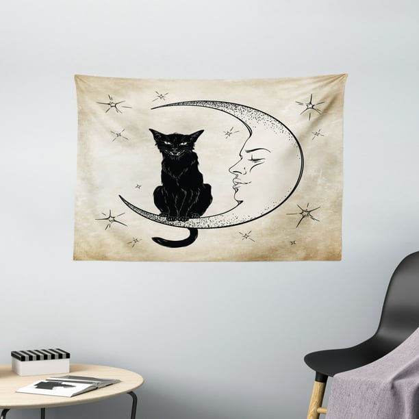 Moon Tapestry, Black Cat Sitting on White Crescent Moon Contrasting ...