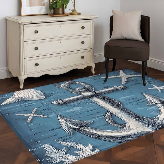 3'x5' Area Rugs, Blue Nautical Anchor Indoor Outdoor Area Rug for Living Room Bedroom, Summer Coastal Ocean Starfish Shell Washable Bathroom Rugs Kitchen Floor Carpet Mats Home Decor Aesthetic