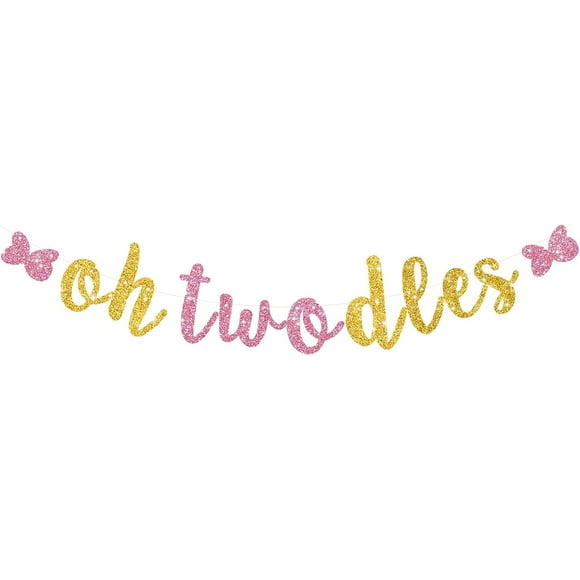 Glitter Pink Gold Oh Twodles Banner Pre-Strung Mouse Themed Cartoon Party Sign Garland 2nd Baby Birthday Decorations Birthday Party Supplies for BoGirls,NO DIY