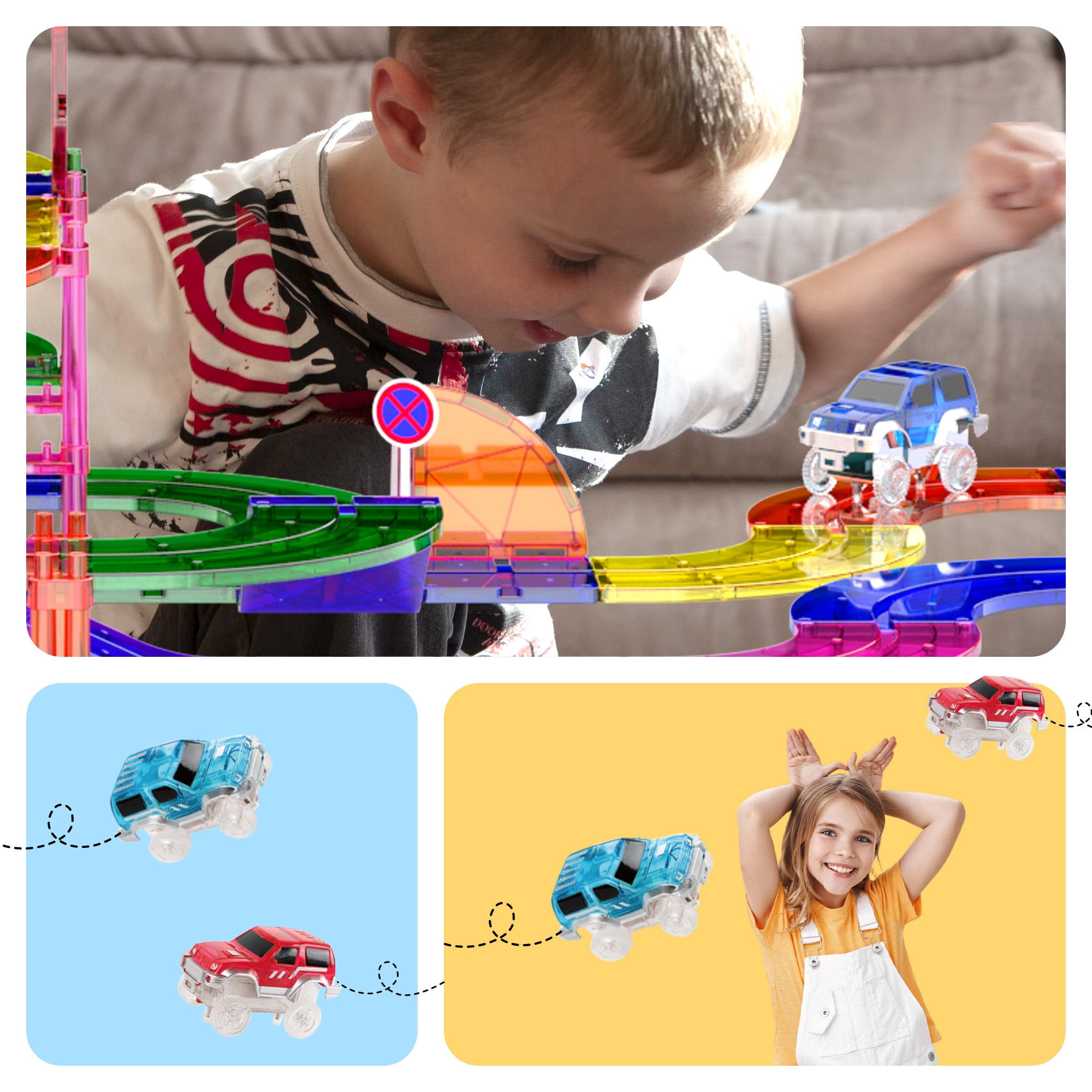 PicassoTiles Race Track Magnetic Tiles for Kids with 2 Racing Cars – 100PCS STEM Construction Building Blocks Educational Toy Set