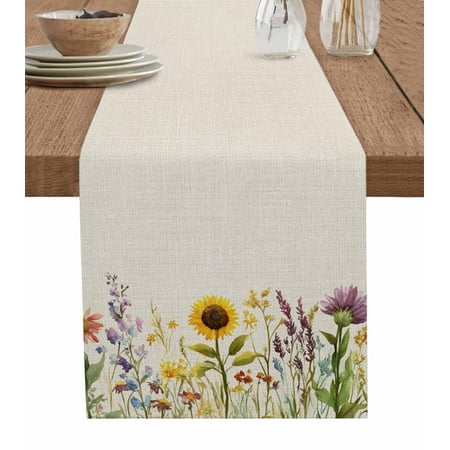 

Table Runner Dresser Scarf 13 x 90 Inch Yellow Purple Flowers Spring Sunflower Linen Background Table Runners Non-Slip Heat Kitchen Dining Table Decor for Indoor Outdoor Home Party Decoration