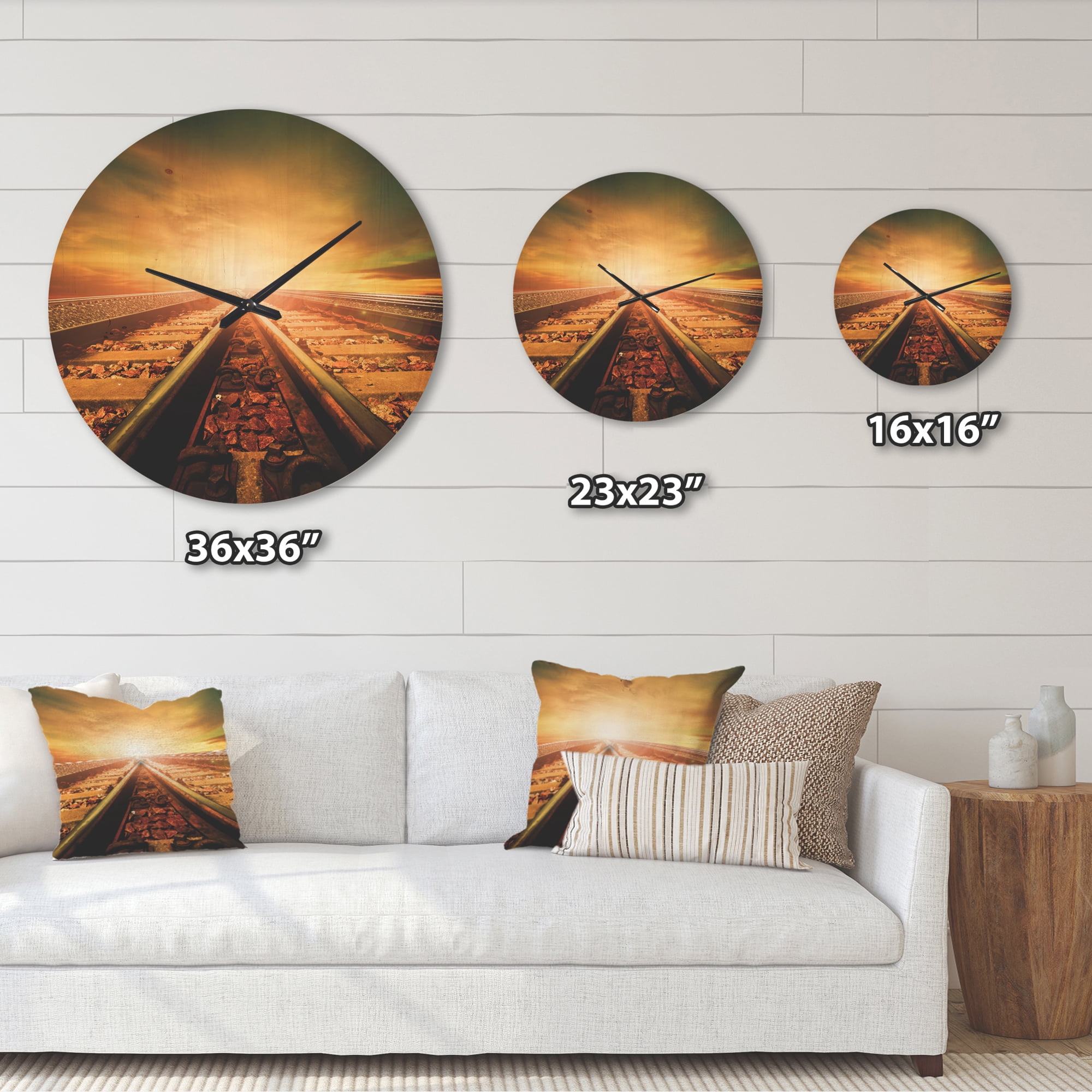 Designart 'Junction of Railways Track At Sunset' Modern Wood Wall Clock