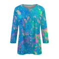 thumbnail image 2 of Blue T Shirts for Women, 3/4 Sleeve Trendy Tops for Women 2024, Work Polyester Fashion Womens Clothing 2024, Women's Fashion Button Up Three Quarter Sleeve T Shirt Printed Top, 2 of 5