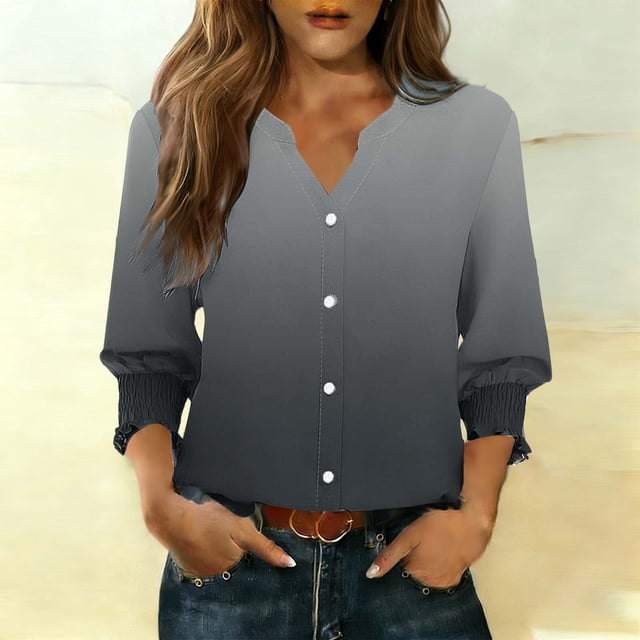 Ounisa Womens 3/4 Sleeve Cardigan V Neck Printed Button Down Spring Summer Fall Casual Trendy Tops S-2XL