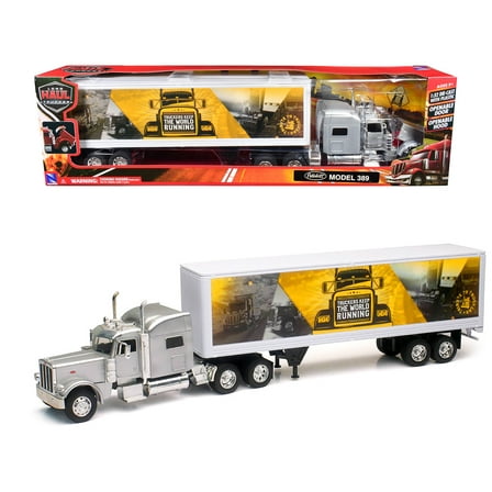 Peterbilt 389 Truck Silver Metallic with Dry Van Trailer "Trucker Keep The World Running" "Long Haul Truckers" Series 1/32 Diecast Model by New Ray