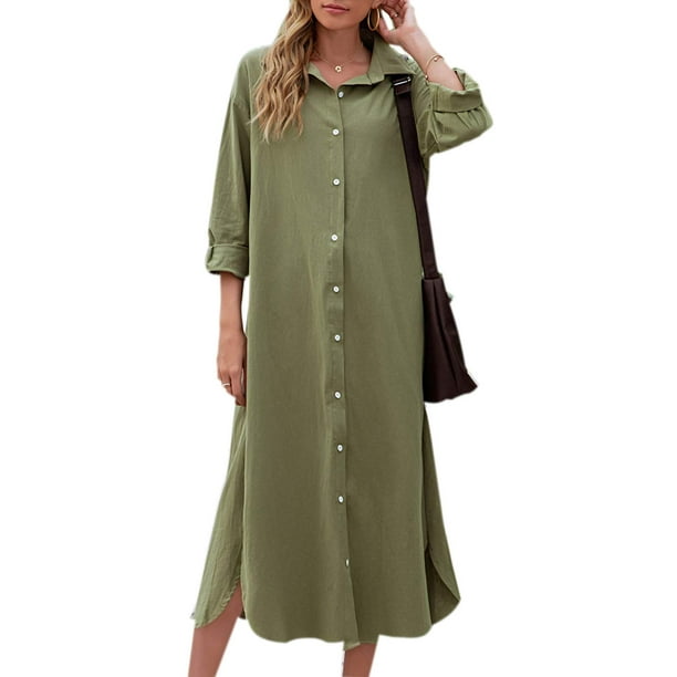 Sopliagon Women Cotton and Linen Shirt Dress Casual Loose Maxi