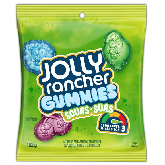 JOLLYRANCH SOUR ORIGINAL, JOLLY RANCHER GUMMIES Sours are a new line up of gummy candies available in three different mouth-puckering sour levels, in your favourite Jolly Rancher character shapes! Enjoy extreme sourness with Original flavours including Blue Raspberry, Lime & Black Cherry.