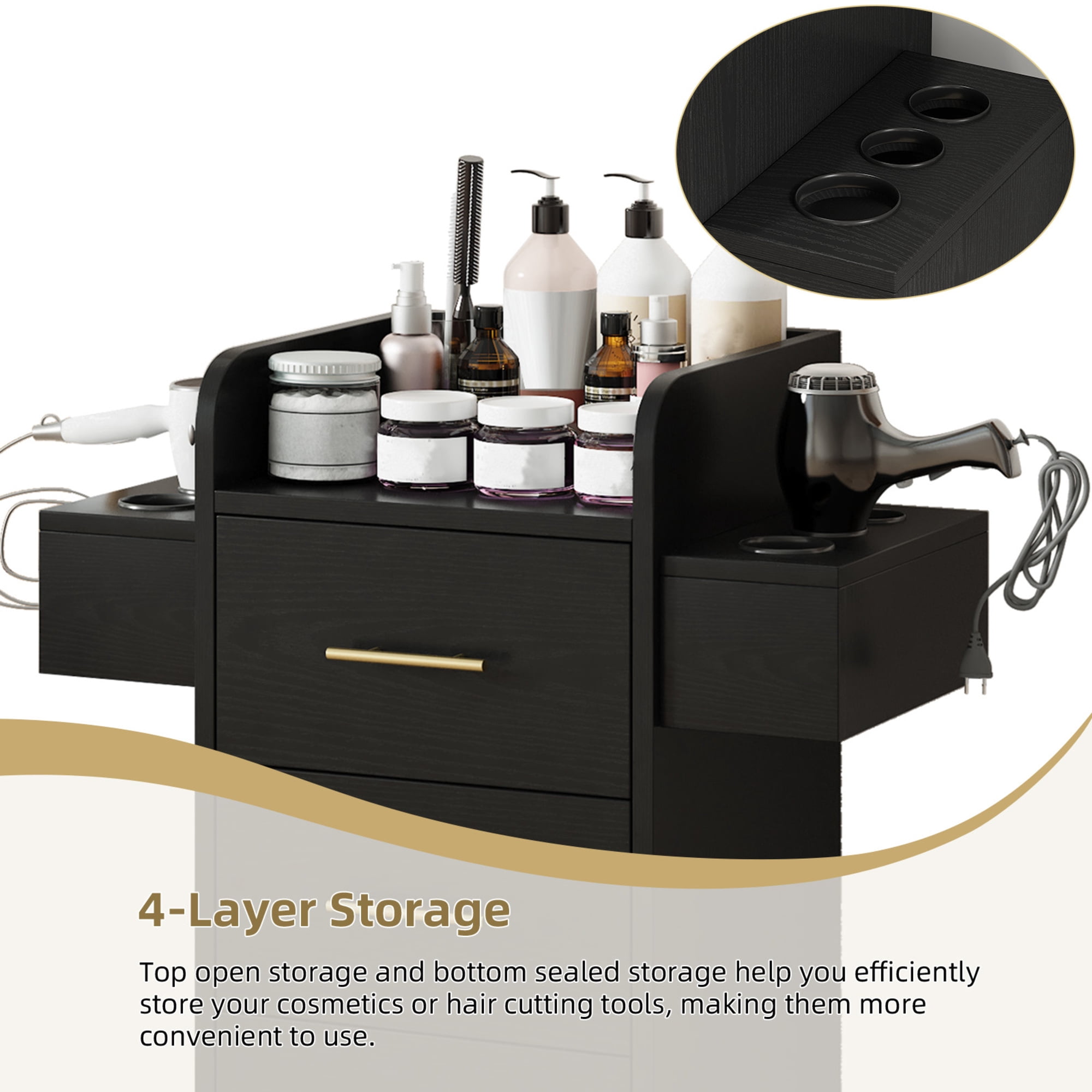 4 EVER WINNER Black & Gold Barber Cabinet with Gold Handles, Rolling Salon Storage Cart for Hair Stylists, 3 Drawers & 6 Hair Dryer Holders, Durable Engineered Wood Mobile Station for Salon Spa Home
