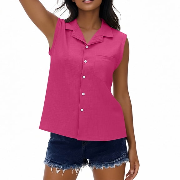 HongQid Women's Sleeveless Cotton Linen Button Down Shirts Button Front Collared Dressy Casual Blouses Loose Office Tank Tops