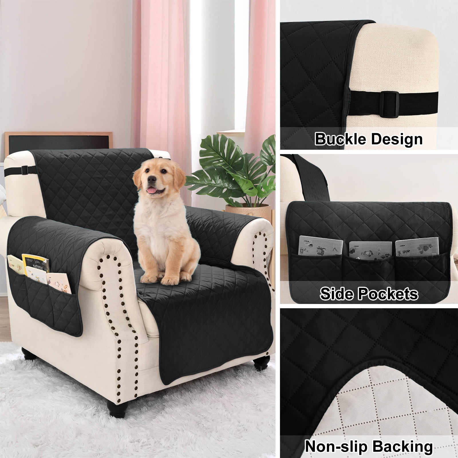 Sanmadrola Recliner Chair Cover Reversible Small Recliner Slipcover for Dogs Seat Width to 25 Inch Washable Couch Cover with Elastic Straps for Kids and Pets(Small Recliner, Black)