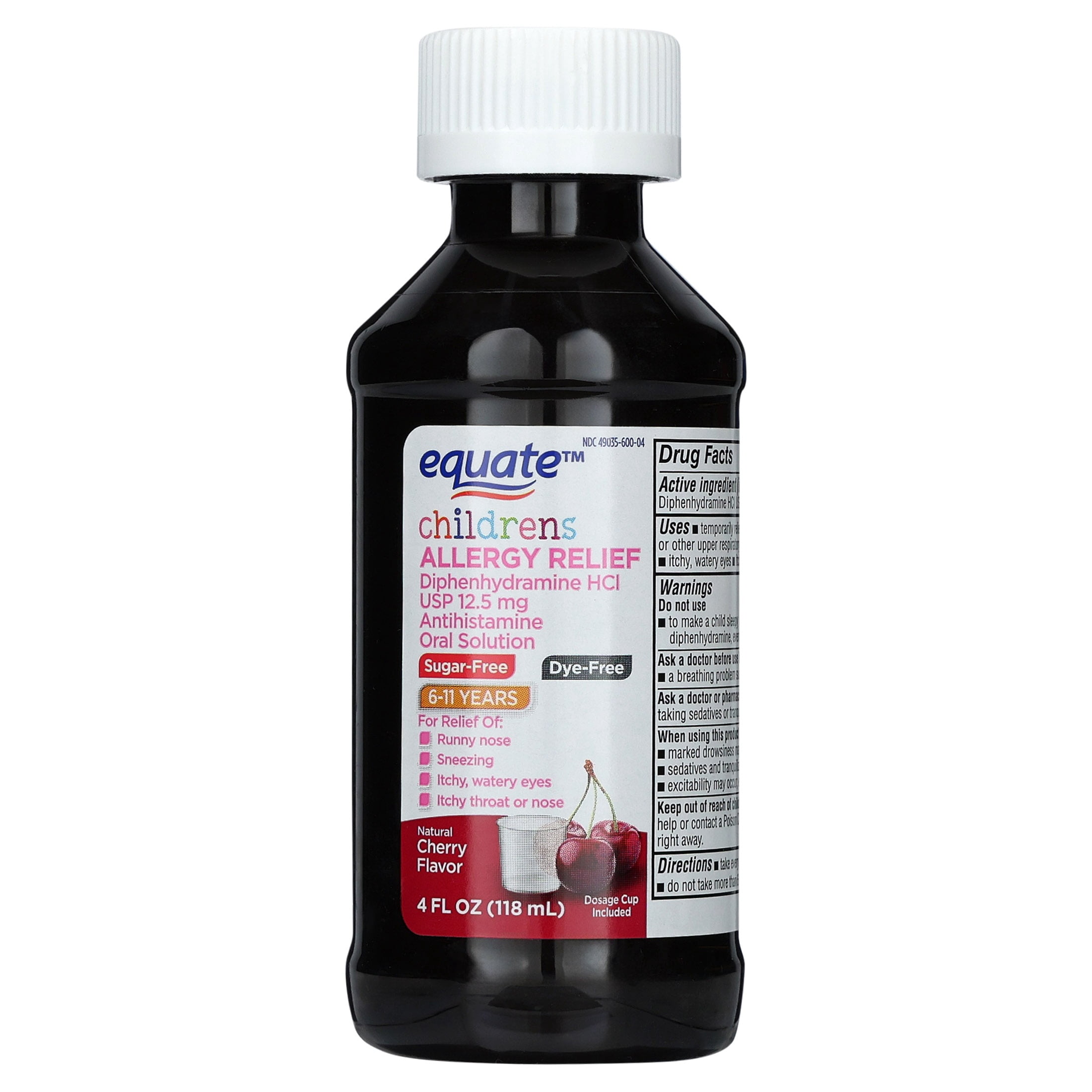 Equate Children's Allergy Relief Diphenhydramine HCl Antihistamine Oral Solution, Natural Cherry Flavor, 4 fl oz