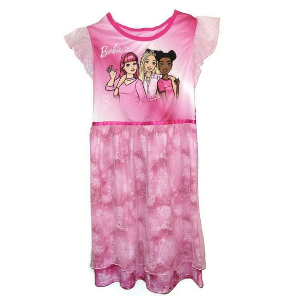 Barbie Trio Girl's Satinet and Tulle Pink Nightgown, Gown (XS 4/5)