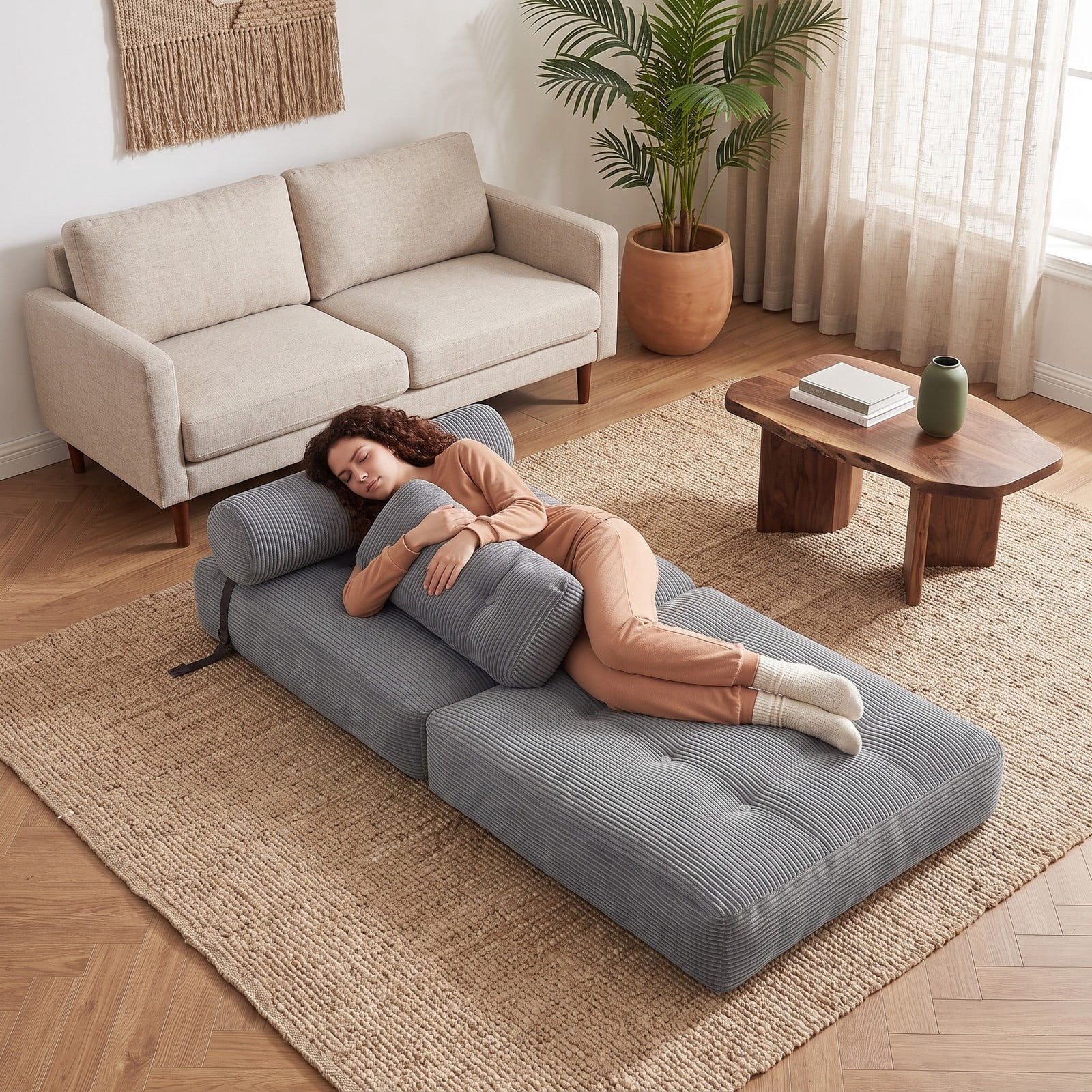 Furnibear Folding Sofa Bed with Pillow and Back Support, 3-in-1 Convertible Corduroy Floor Couch Sleeper Lounger for Living Room Bedroom Guest Room, 355 lbs, Gray