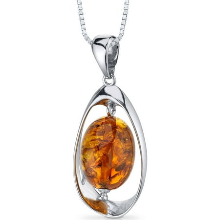 Oravo Oval-Shape Clover Baltic Amber Rhodium over Sterling Silver Pendant, 18
