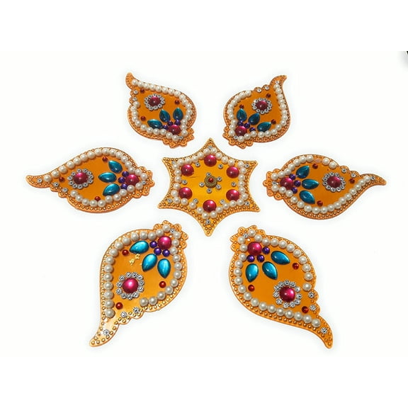 FineArt Handcrafted Decorative Diwali Rangoli Set Multicolor Jewel Stone/Kundan Decorations on Yellow Acrylic Base 6 Piece Set - for Home Dcor