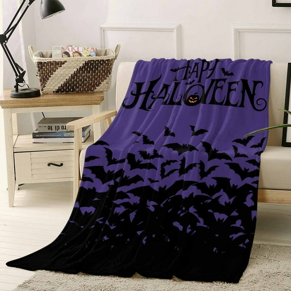 Happy Halloween Throw Flannel Blanket 40x50In Bat Black Vintage Purple Decoration Super Soft Cozy Bed Blanket, Lightweight Plush Fuzzy Bed Throw for Bedroom Sofa Couch Living Room
