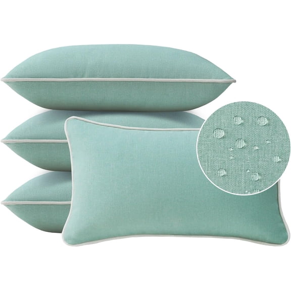 Decorative Outdoor Indoor Lumbar Pillows, Set of 4 Waterproof Throw Pillows with Inserts, 20" x12" Pillows for Patio, Backyard, Bed, Couch, Sofa and Patio Furniture, Aqua Green