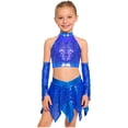 thumbnail image 3 of SiiRoh Kids Girls Shiny Sequins Crop Top with Metallic Skirt with Gloves Cheer Uniform Jazz Latin Dance Outfits Blue 12, 3 of 6