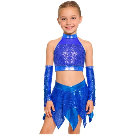 Sholeno Kids Girls Sparkly Jazz Modern Dance Performance Outfit Set Sequins Crop Top with Skirt Tassels Gloves Blue 8
