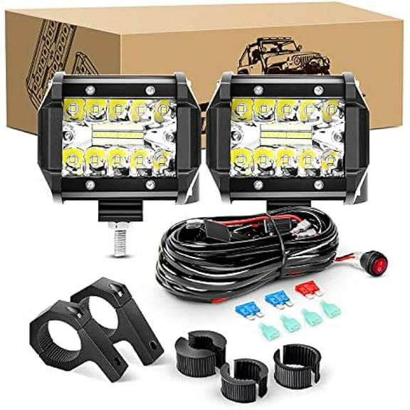 Waywe 2PCS 60W 4 Inch Triple Row LED Pods Fog Light Mounting Bracket Horizontal Bar Tube Clamp Driving Lighting with 16AWG Off Road Wiring Harness-2 Leads for Truck Golf Cart, Clear,White (Auto-633)