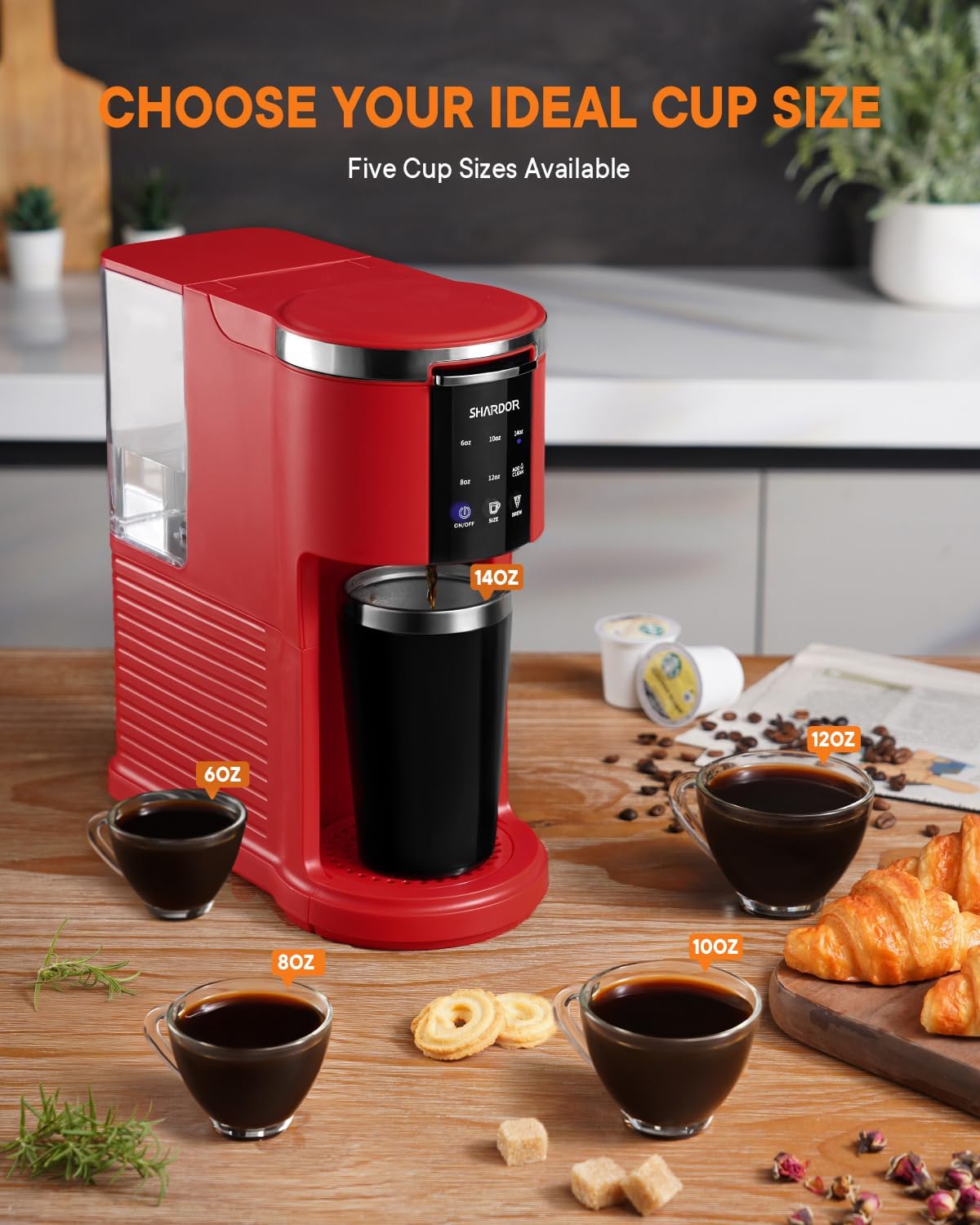 3 in 1 Single Serve Coffee Machine, K Cup Coffee Maker Compatible with Ground Coffee & Teas, 6 to 14oz Brew Sizes, 40oz Removable Water Tank, Descale Settings, Red
