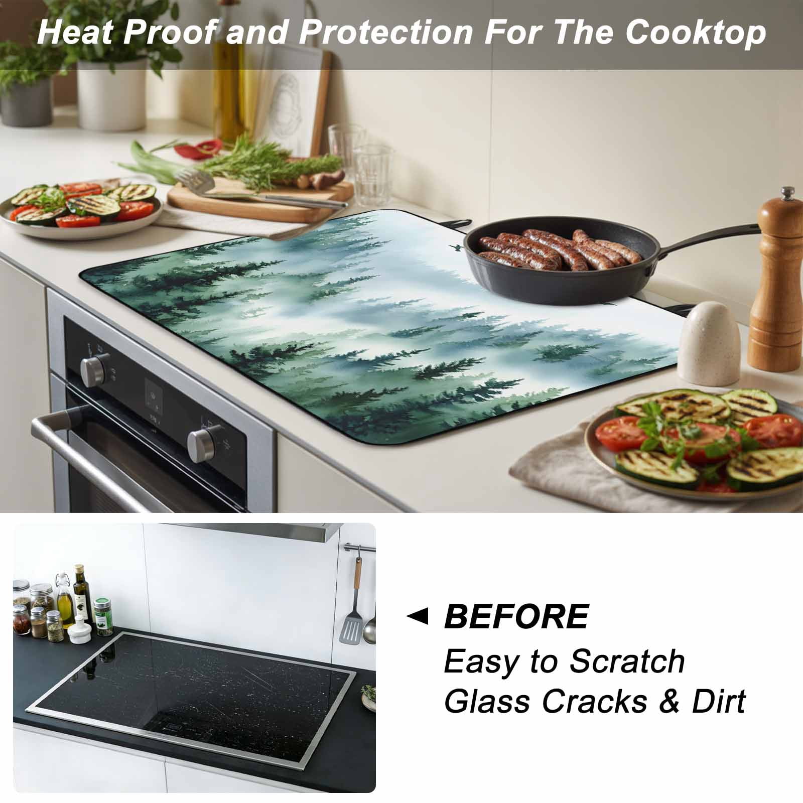 Green Ombre Mountain Stove Top Cover for Electric Stove, Heat-proof & Non Slip Glass Top Stove Cover Protector, Watercolor Forest Kitchen Flat Cooktop Rubber Mat 24x21 Inches