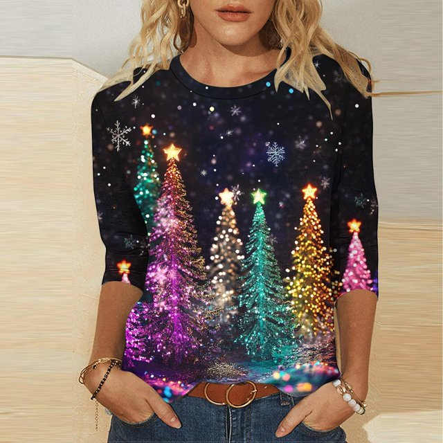 Fiudx Ofertas Relámpago Camiseta con Estampado Navideño a La Moda para Mujer, Blusa con Mangas 3/4, Tops Informales con Cuello Redondo